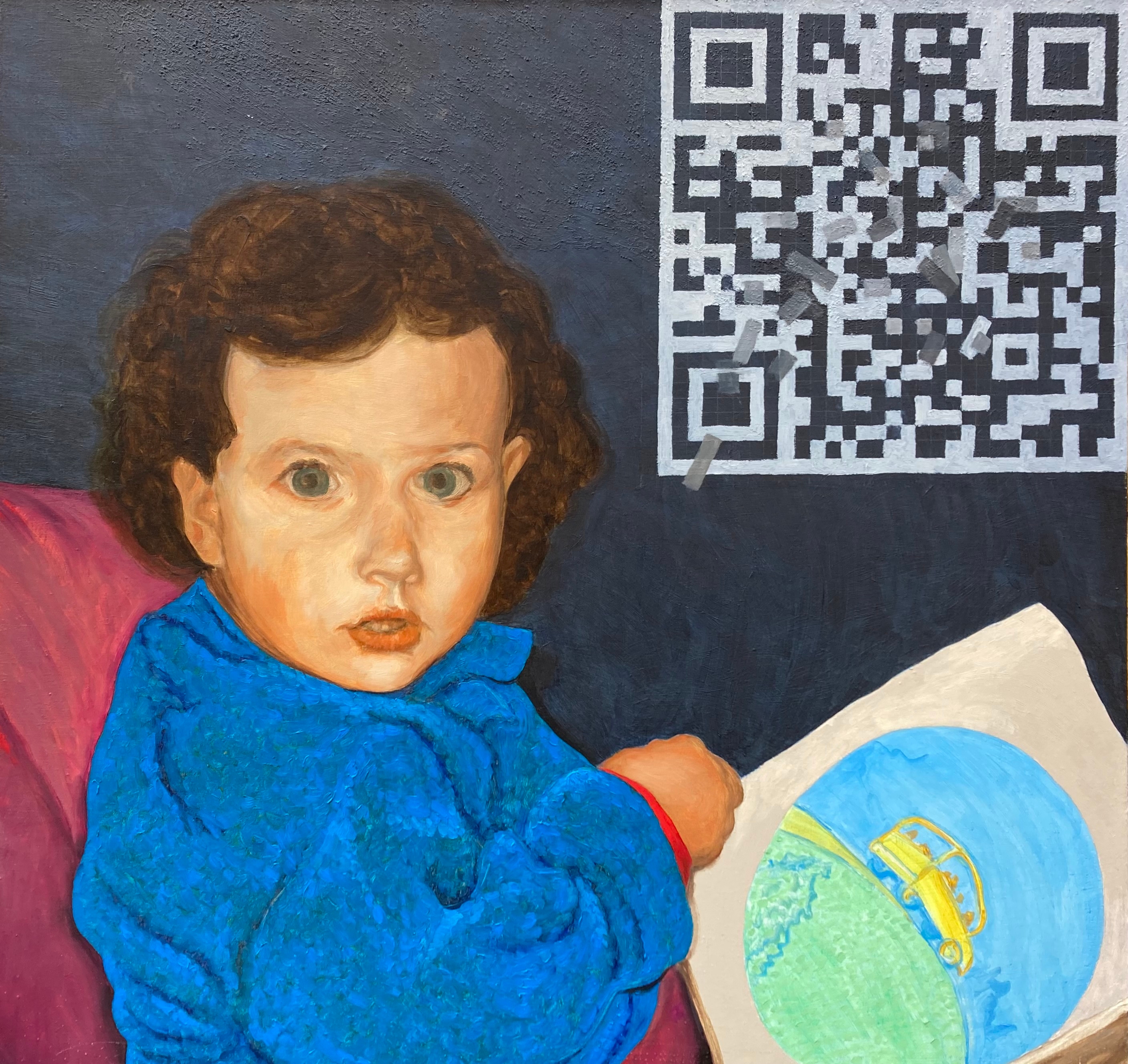 Donald Shambroom College Painting entitled Beyond Reason showing a child next to a disintegrating QR Code