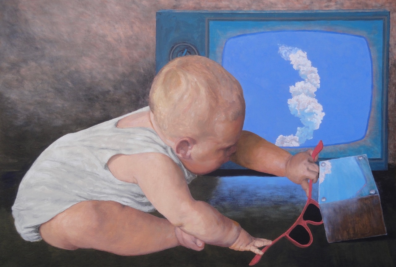 Donald Shambroom Painting entitled Before Words showing a Baby grabbing sunglasses