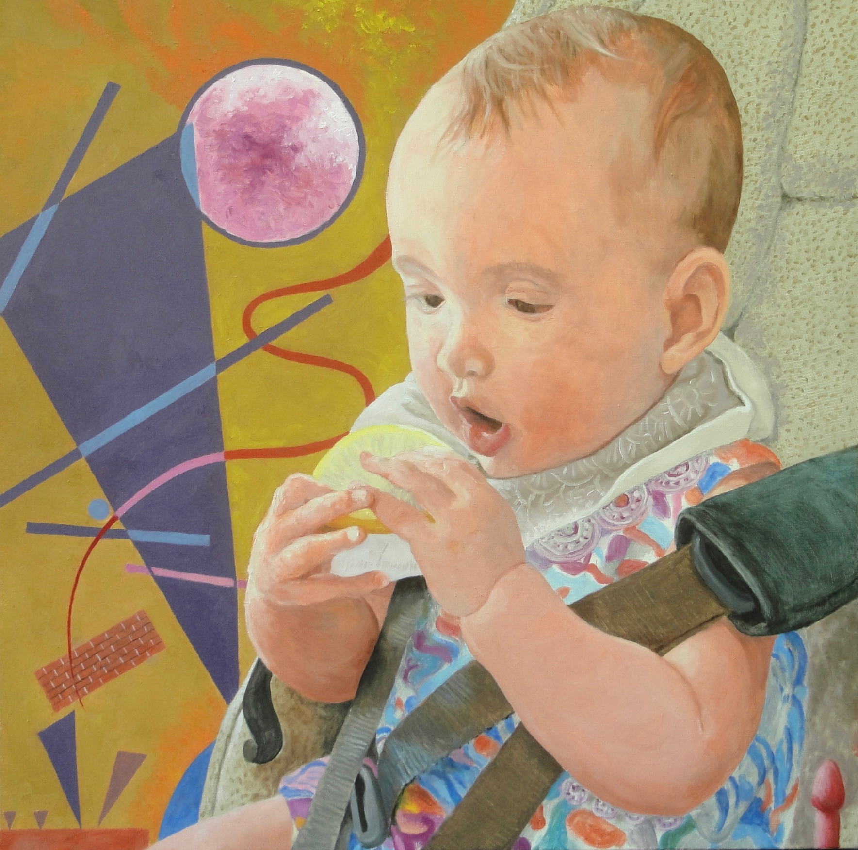 Donald Shambroom Painting entitled CONTACT/LEMON showing a baby aboute to taste a lemon