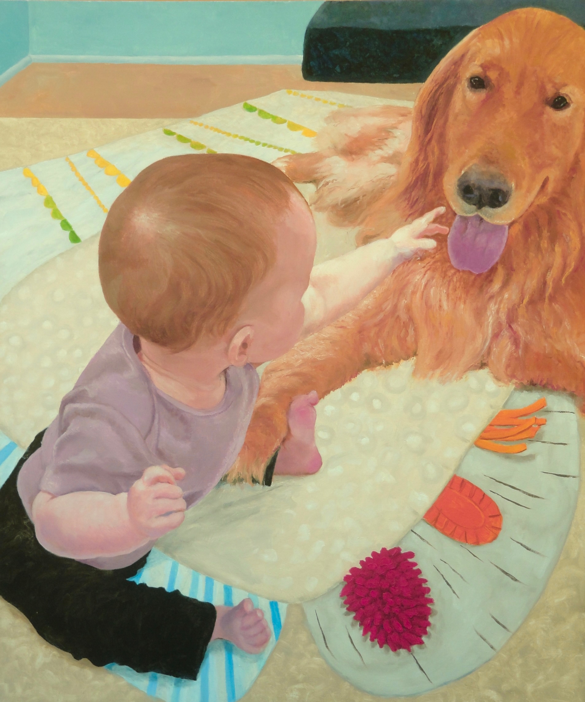 Donald Shambroom Painting entitled SIGHT, TOUCH, TASTE showing a baby reaching for a dog