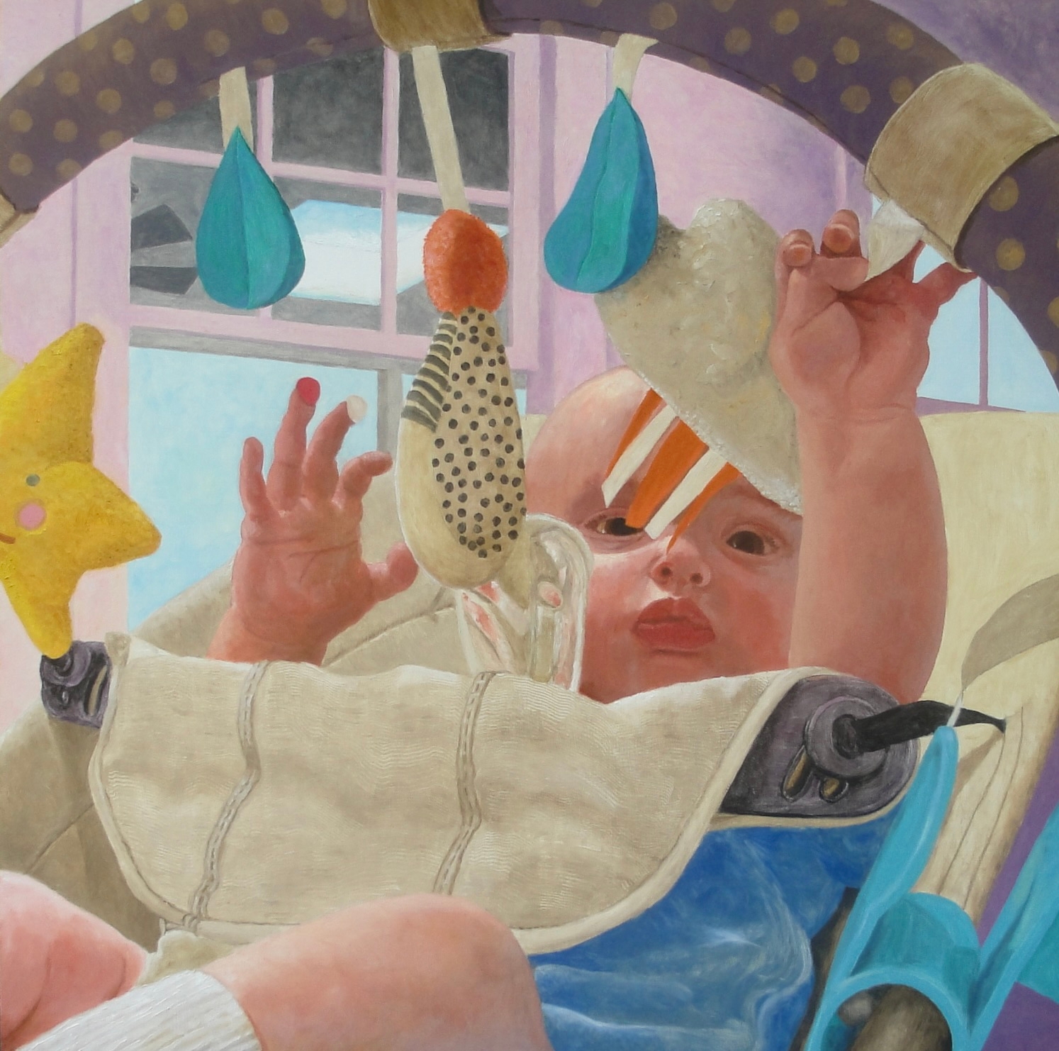 Donald Shambroom Painting entitled THINGS THAT MOVE showing a baby in a rocker playing with toys