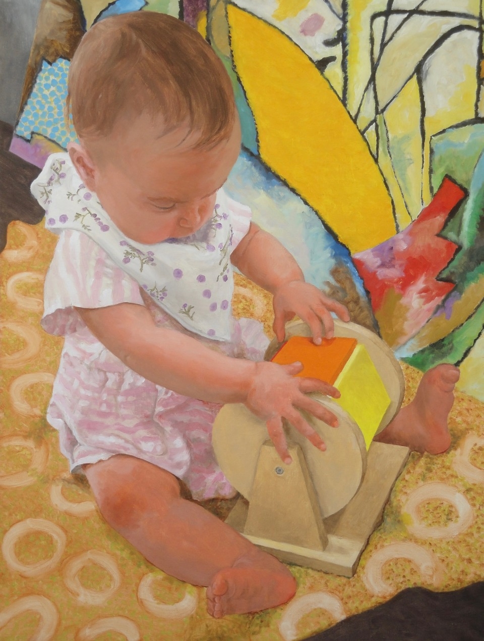 Donald Shambroom Painting entitled RED IS YELLOW, YELLOW IS RED showing a baby playing with a toy